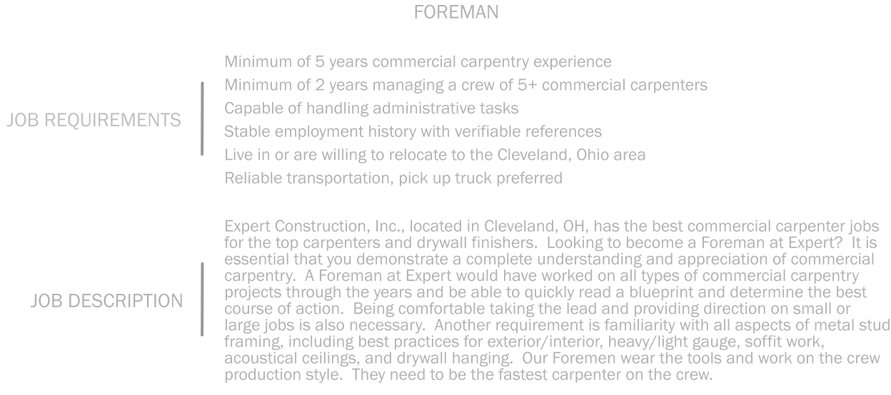 Minimum of 5 years commercial carpentry experience Minimum of 2 years managing a crew of 5+ commercial carpenters Capable of handling administrative tasks    Stable employment history with verifiable references  Live in or are willing to relocate to the Cleveland, Ohio area   Reliable transportation, pick up truck preferred JOB REQUIREMENTS FOREMAN Expert Construction, Inc., located in Cleveland, OH, has the best commercial carpenter jobs for the top carpenters and drywall finishers.  Looking to become a Foreman at Expert?  It is essential that you demonstrate a complete understanding and appreciation of commercial carpentry.  A Foreman at Expert would have worked on all types of commercial carpentry projects through the years and be able to quickly read a blueprint and determine the best course of action.  Being comfortable taking the lead and providing direction on small or large jobs is also necessary.  Another requirement is familiarity with all aspects of metal stud framing, including best practices for exterior/interior, heavy/light gauge, soffit work, acoustical ceilings, and drywall hanging.  Our Foremen wear the tools and work on the crew production style.  They need to be the fastest carpenter on the crew.  JOB DESCRIPTION